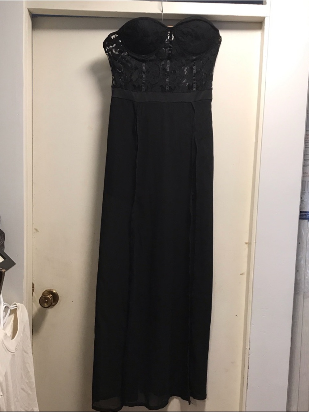 Strapless Black Lace Bustier Evening Gown